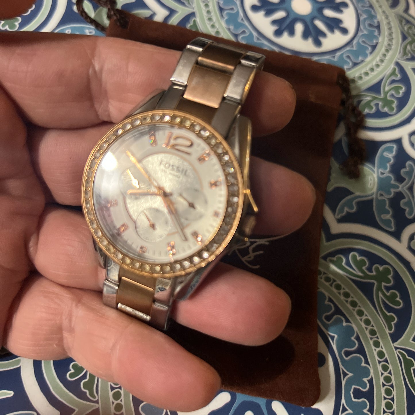 Lady’s Fossil Crystal accent silver/rose gold tone watch