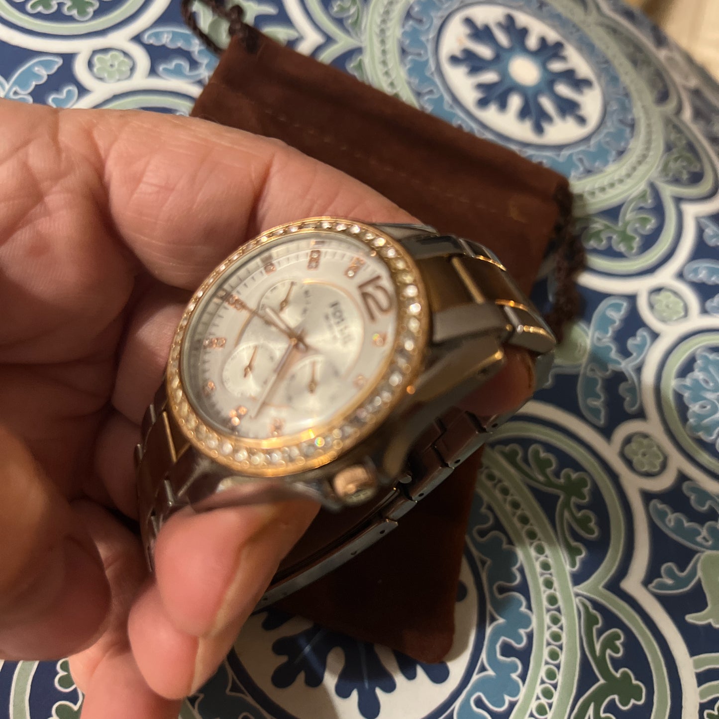 Lady’s Fossil Crystal accent silver/rose gold tone watch