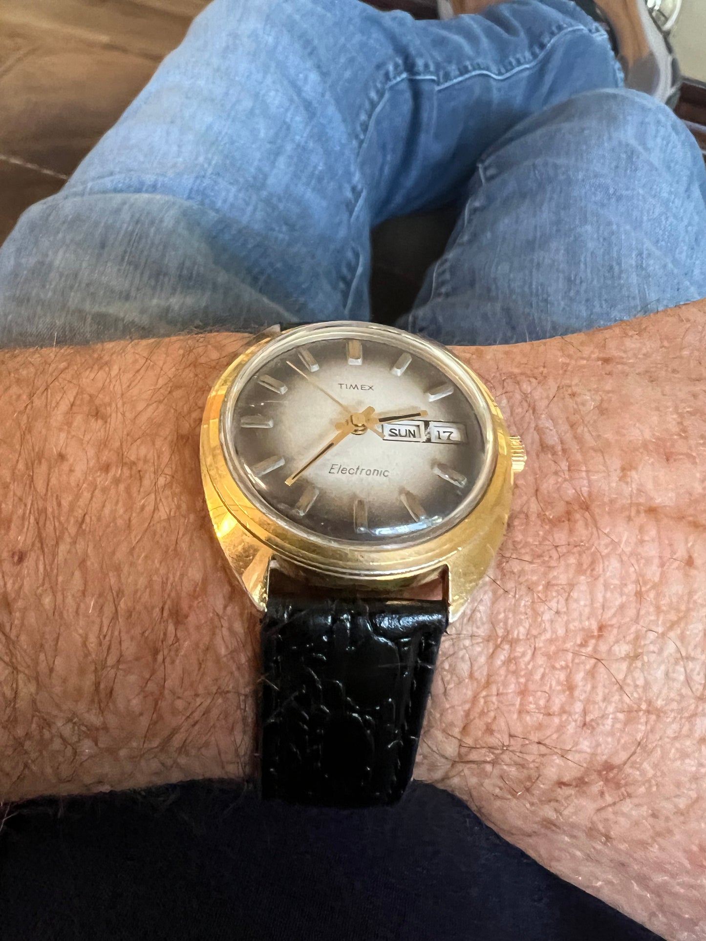 1977 Timex men’s gold tone gradient dial watch.