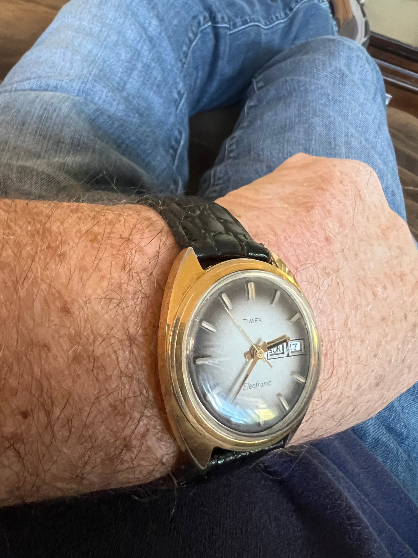 1977 Timex men’s gold tone gradient dial watch.