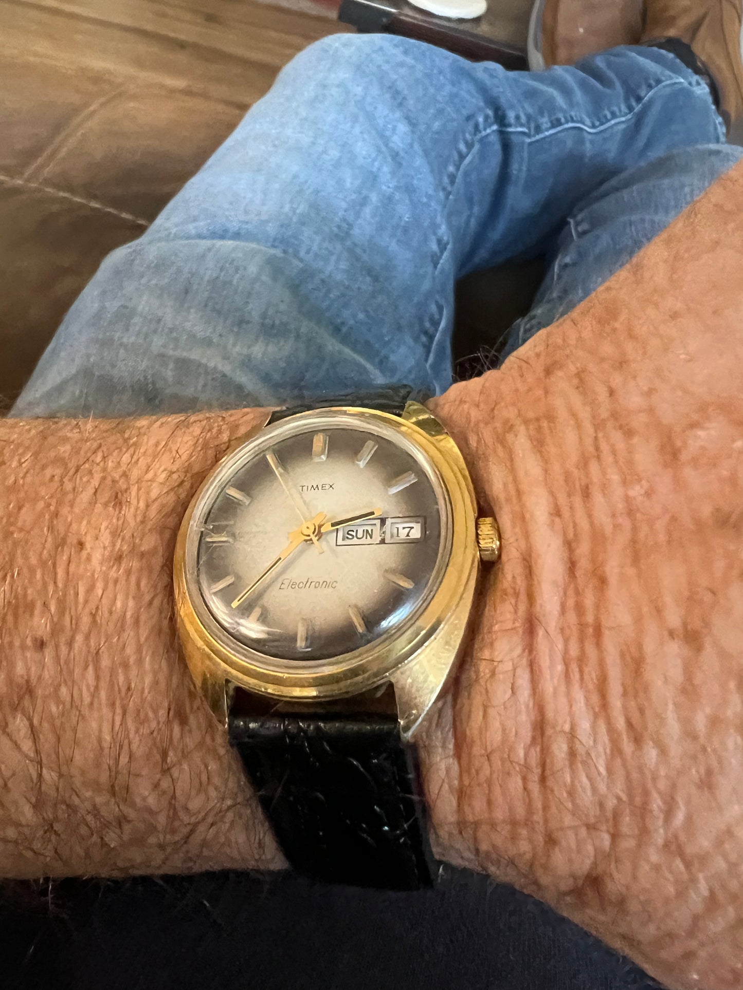 1977 Timex men’s gold tone gradient dial watch.