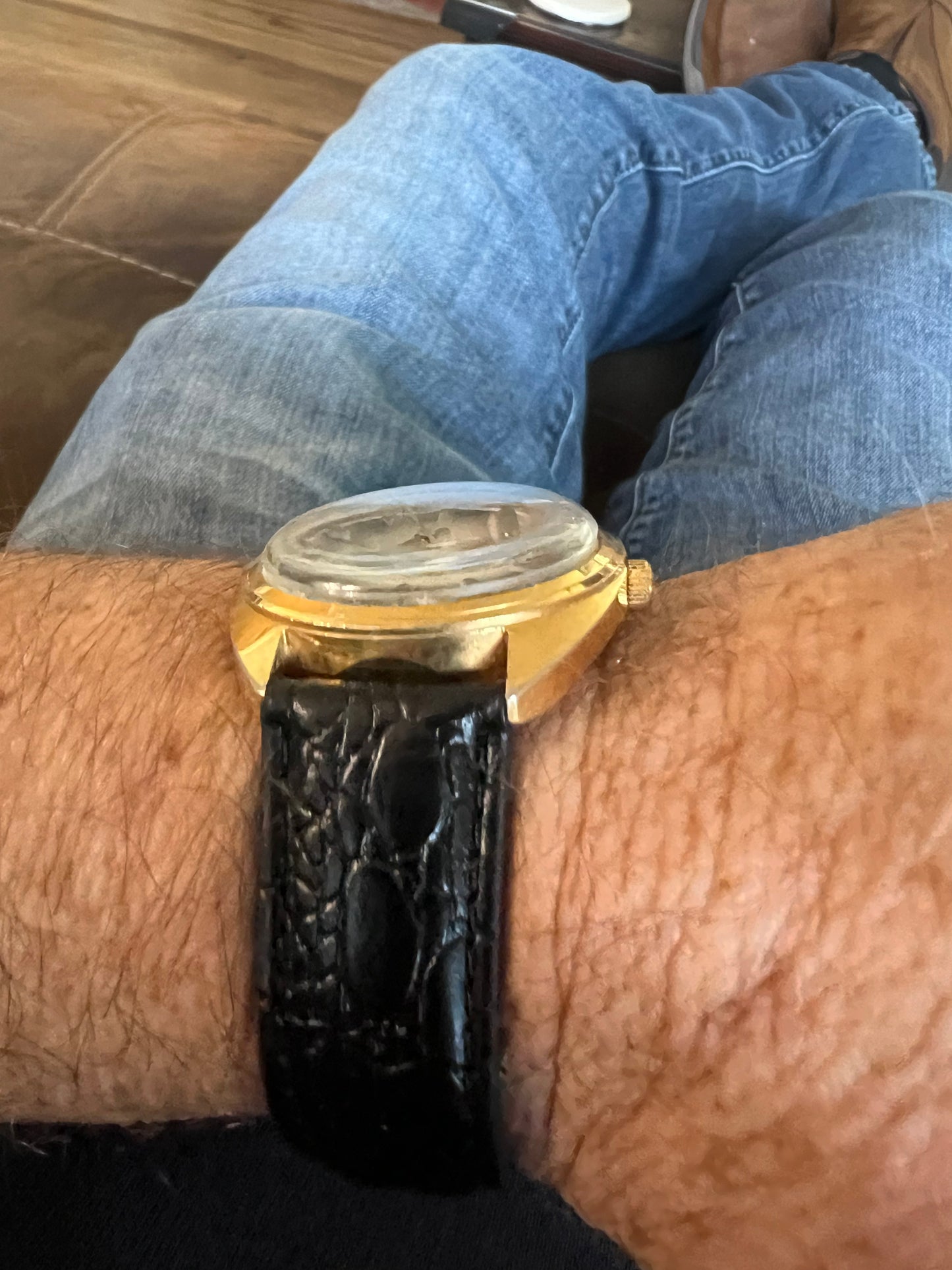 1977 Timex men’s gold tone gradient dial watch.