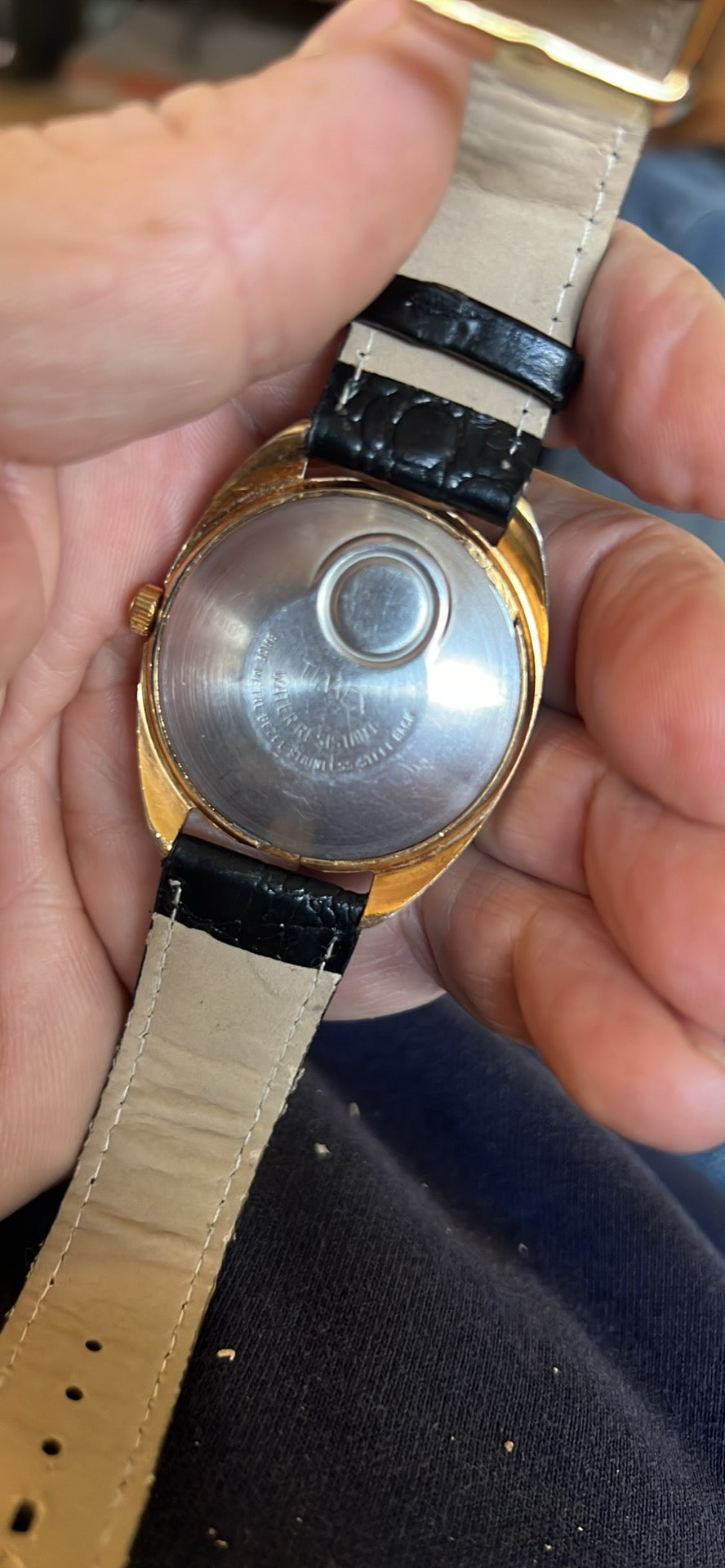 1977 Timex men’s gold tone gradient dial watch.